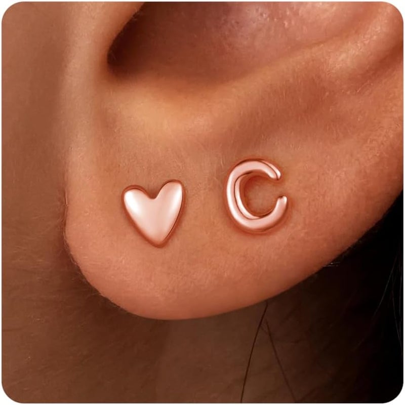 JIAOGE Valentines Day Gifts for Kids Teen Girl Jewelry - 2 Pairs S925 Sterling Silver Post Gold/Rose Gold Heart Initial Stud Earrings for Girls Teen Girl Gifts Hypoallergenic Earring for Women Jewelry - Image 1